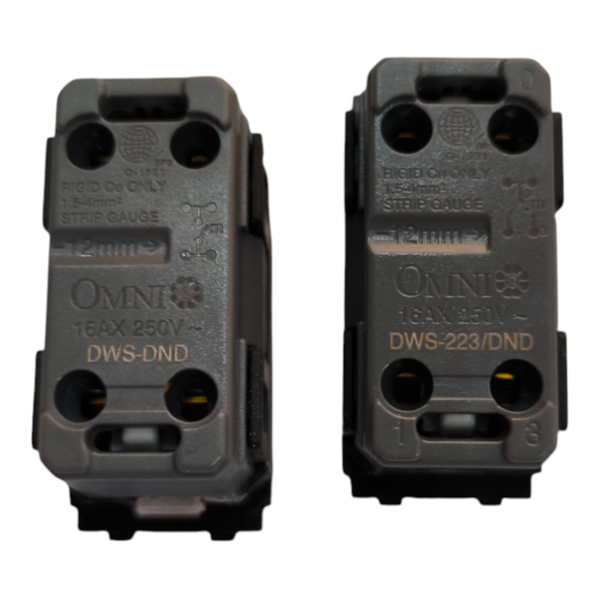 Two black Omni 16AX 250V DWS-DND and DWS-223/DND strip gauges shown side by side on a white background.