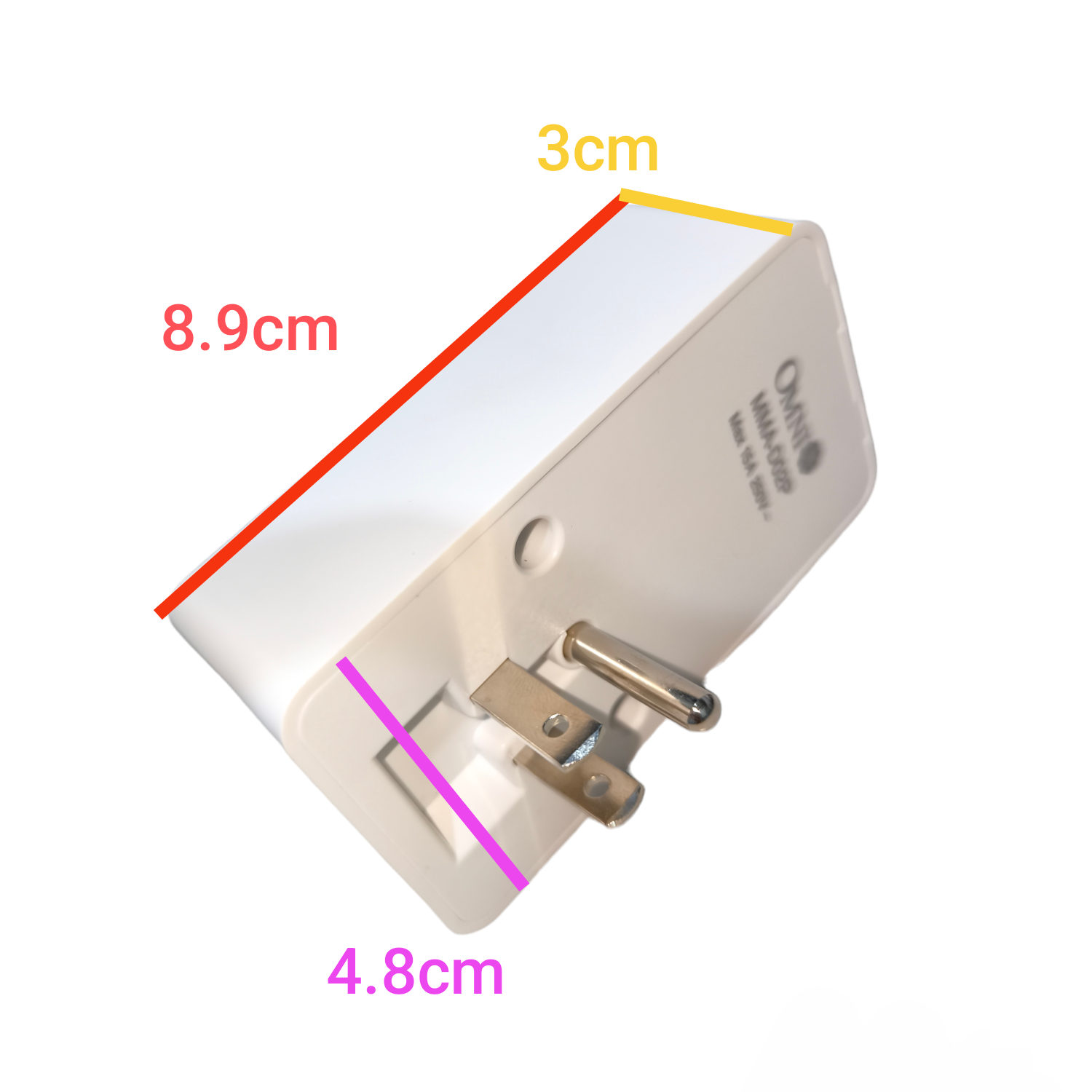 Measurement chart of a small electronic device with dimensions labeled on a white background
