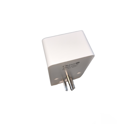 White electronic device with a brand logo on a white background