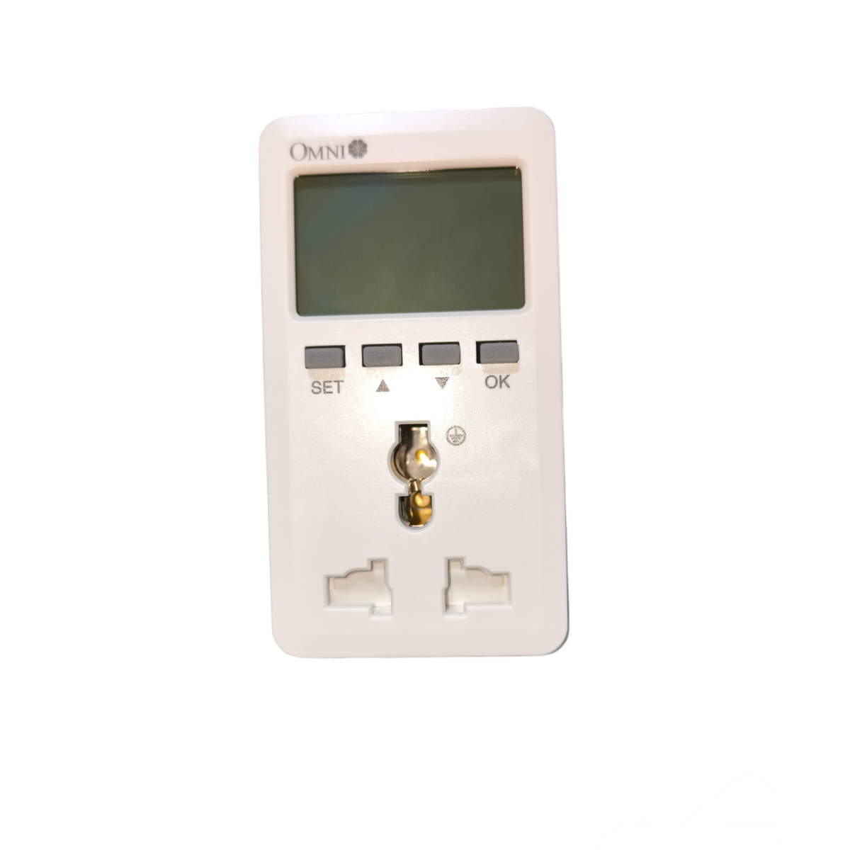 Digital thermostat with a screen and buttons on a white background