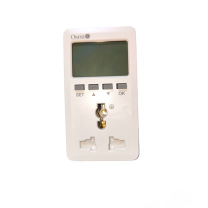 Digital thermostat with a screen and buttons on a white background