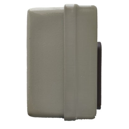 Gray rectangular object with a black component on a white background