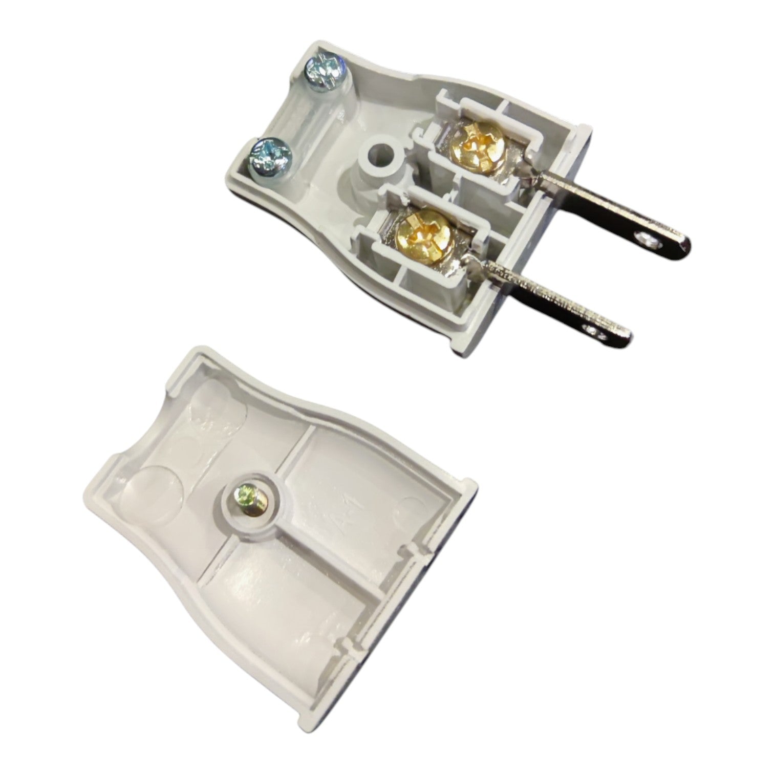 A white plastic electrical connector plug shown from two angles on a plain white background, with metal screw terminals and silver pins visible.