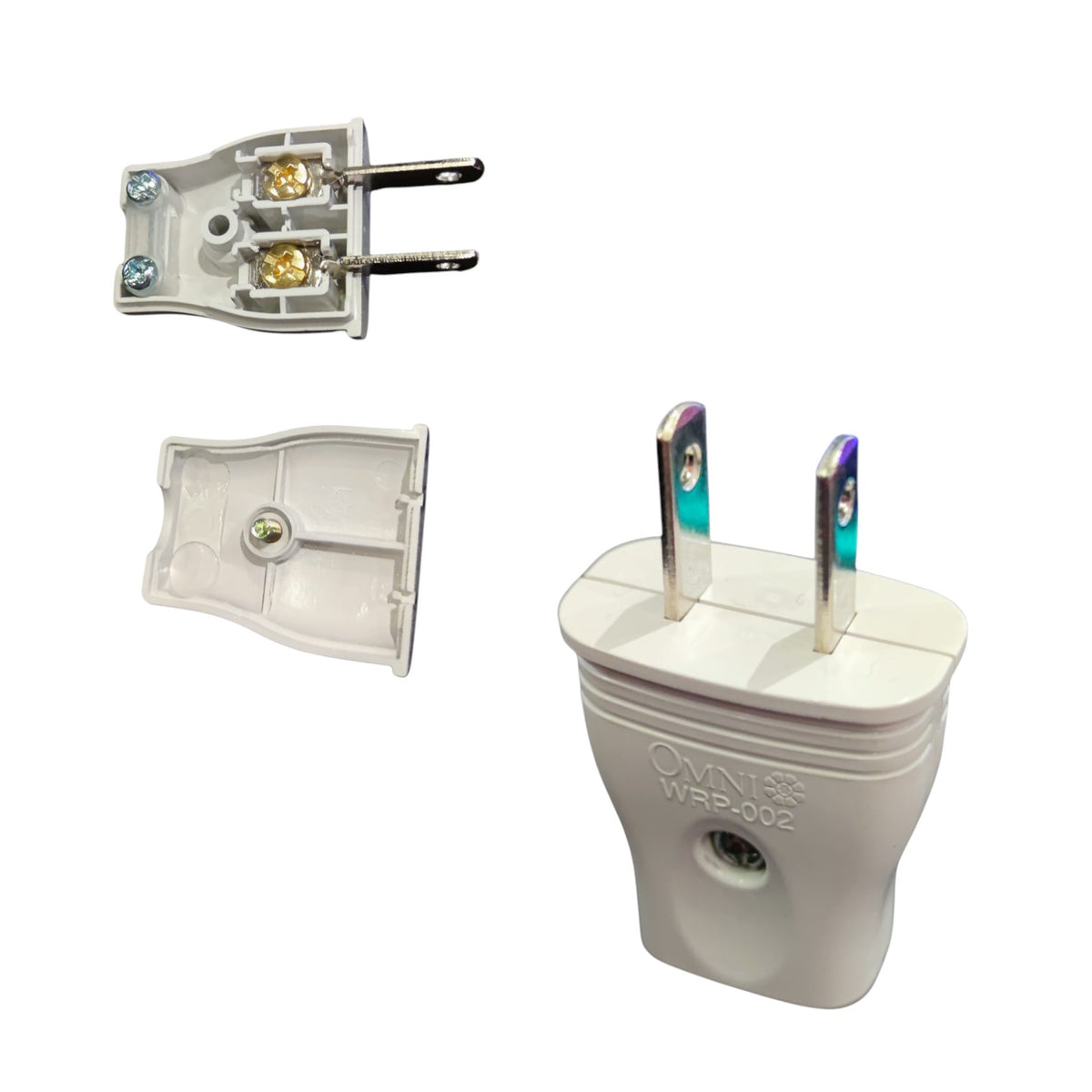 White Omnilife UK plug adapter showing the front face, back contact points, and backplate on a solid white background.