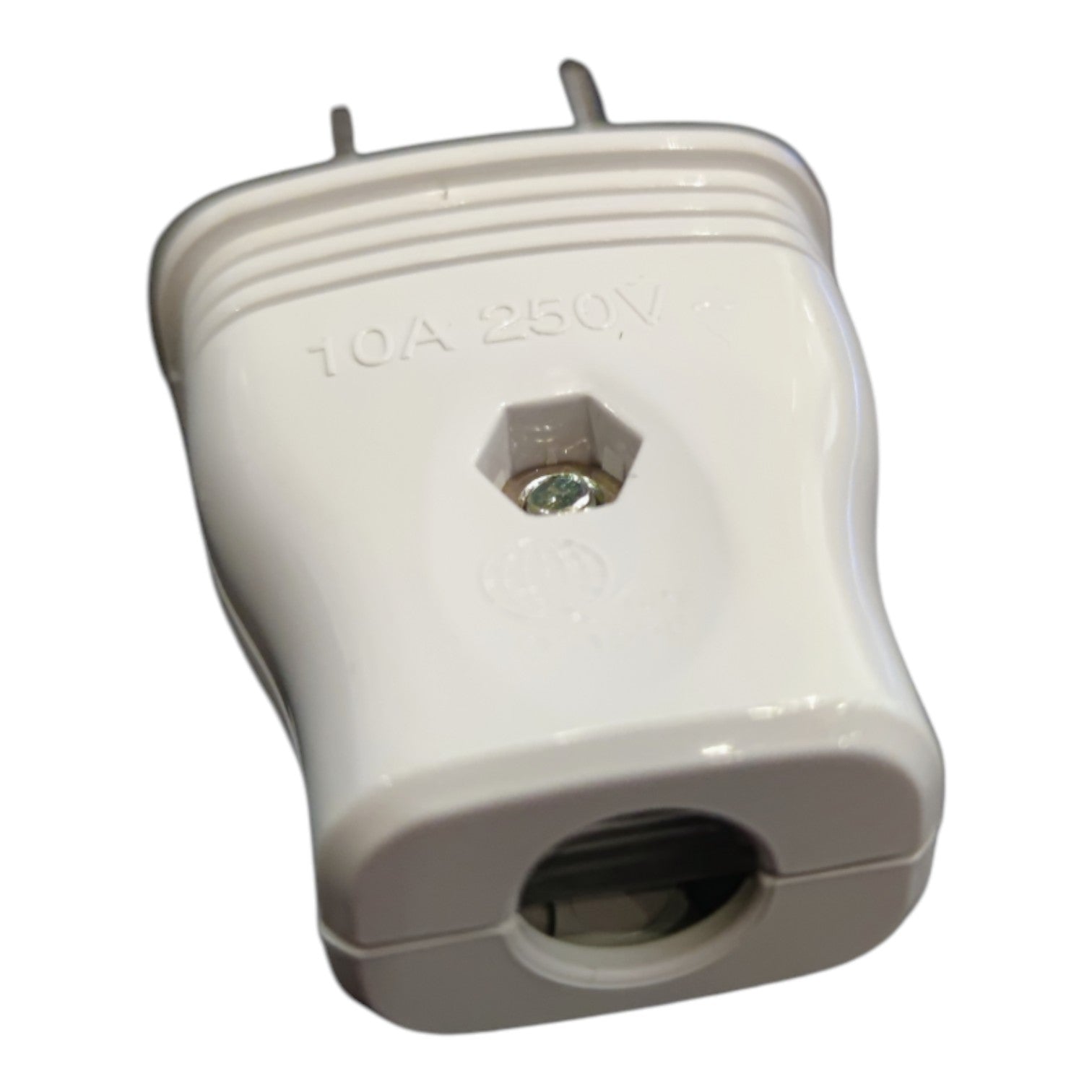 A white plastic electrical plug adapter with two metal pins, featuring embossed text reading '10A 250V' on the side.
