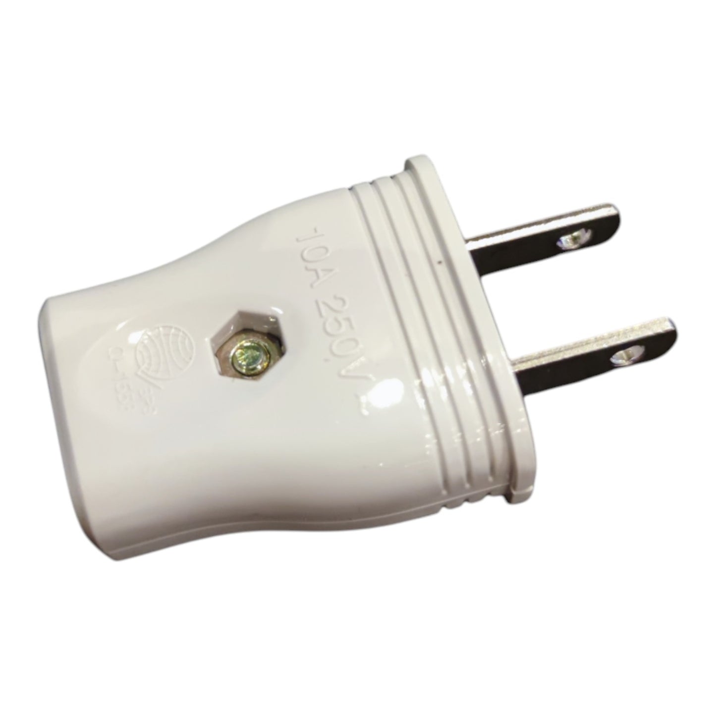 A white 10A 250V electrical wall plug with two flat metal pins, shown on a plain white background.