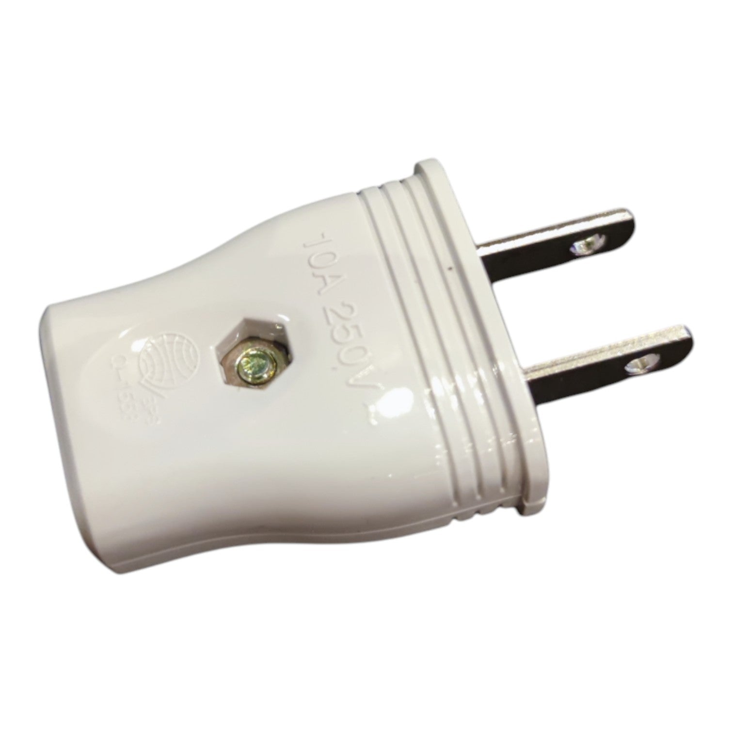 A white 10A 250V electrical wall plug with two flat metal pins, shown on a plain white background.