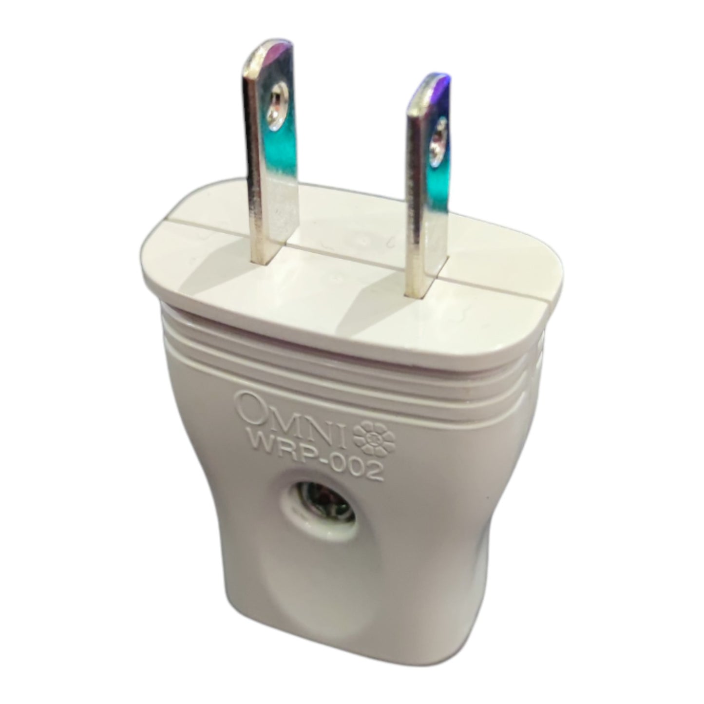 An OMNI WRP-002 2-prong wall plug adapter with a white plastic body and iridescent silver metal prongs, shown on a plain white background.