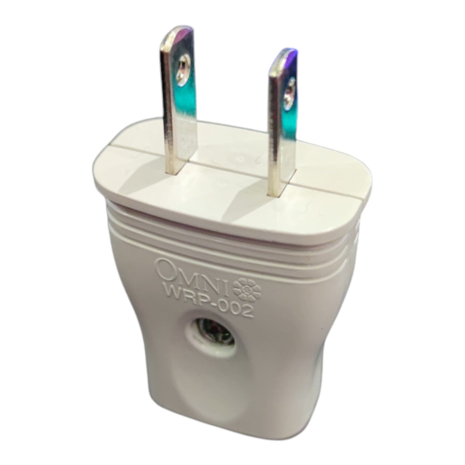 An OMNI WRP-002 2-prong wall plug adapter with a white plastic body and iridescent silver metal prongs, shown on a plain white background.