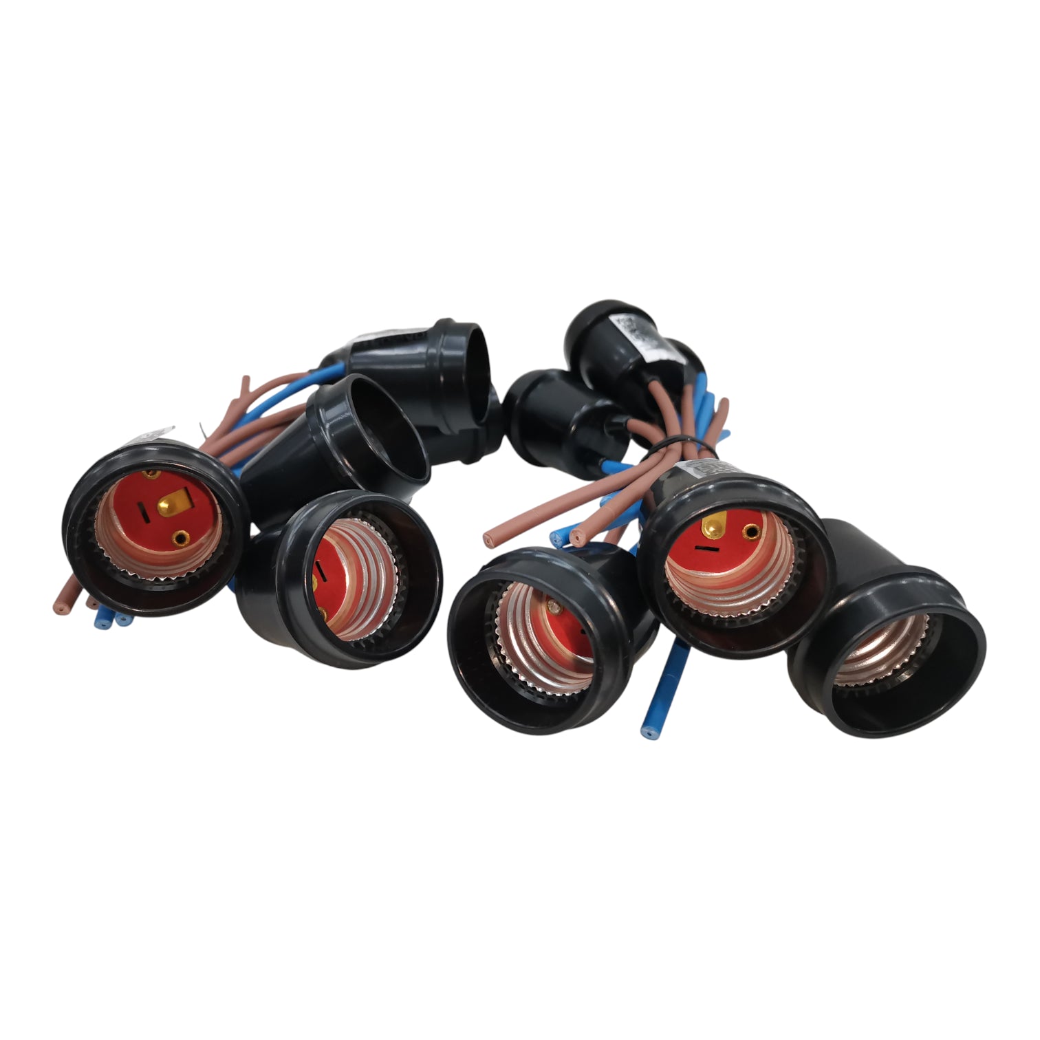 Electrical components with black casings and red interior on a white background
