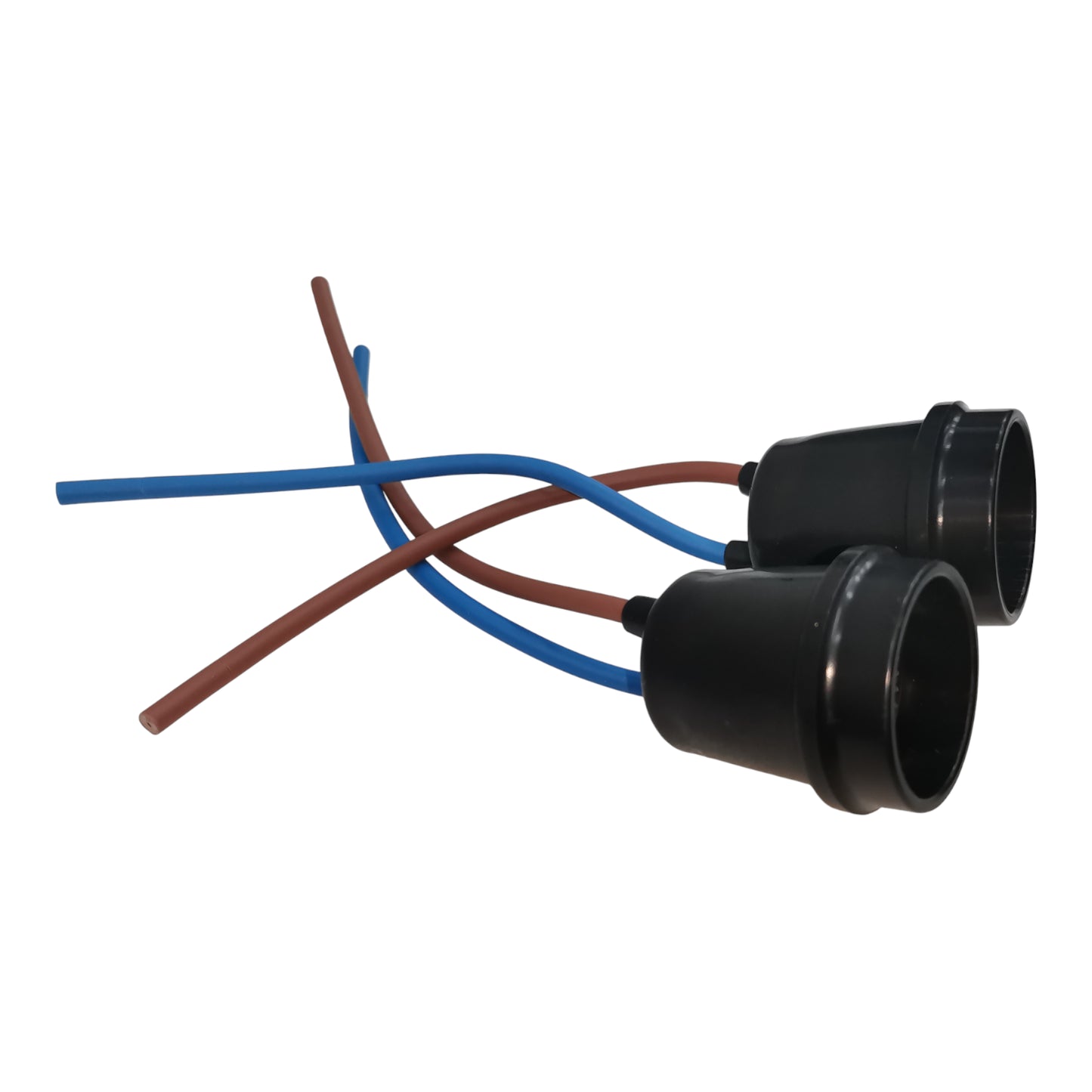 Two black electrical connectors with blue and brown wires on a white background