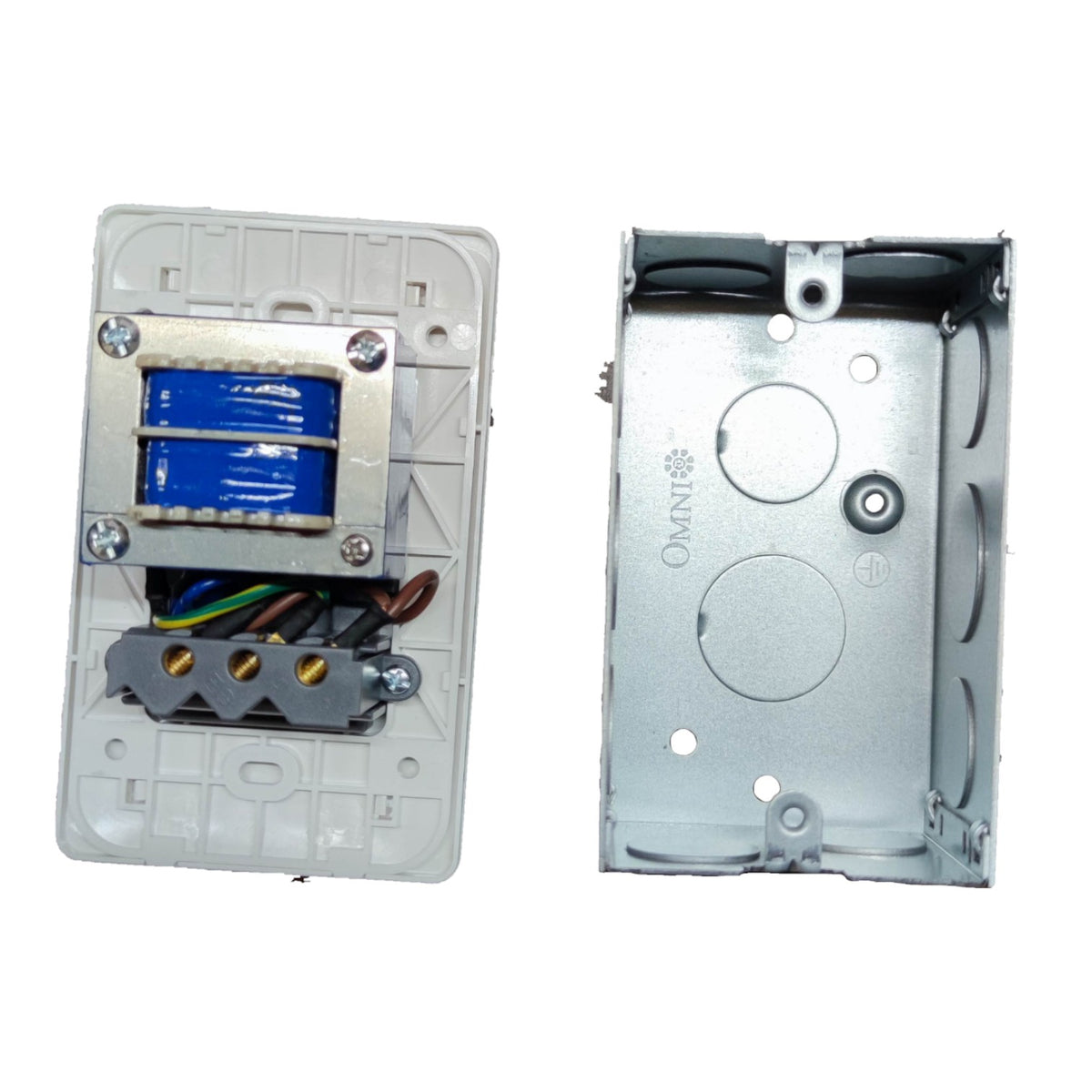 An electrical switch box shown in two views: the backplate on the left, revealing a blue contactor coil and wiring terminal block, and the metal enclosure on the right, both on a white background.