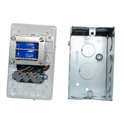 An electrical switch box shown in two views: the backplate on the left, revealing a blue contactor coil and wiring terminal block, and the metal enclosure on the right, both on a white background.