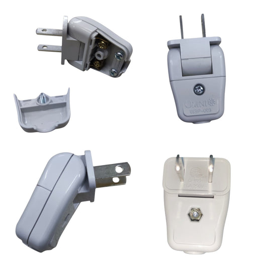 Four views of a compact travel adapter plug on a plain white background, showing both light gray and off-white color options.