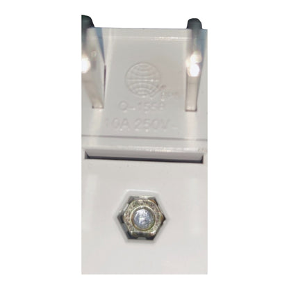 A close-up of a white electrical wall plug with a hexagonal grounding screw on the front, showing embossed specifications and a small circular metal detail.