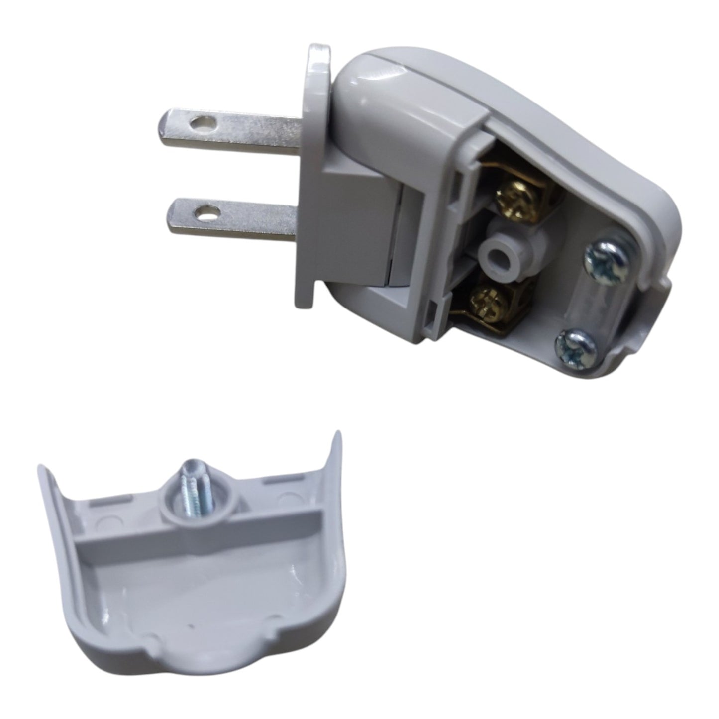 A light gray plastic electrical plug adapter with exposed metal terminals and a separate matching gray plastic cover piece, shown on a plain white background.