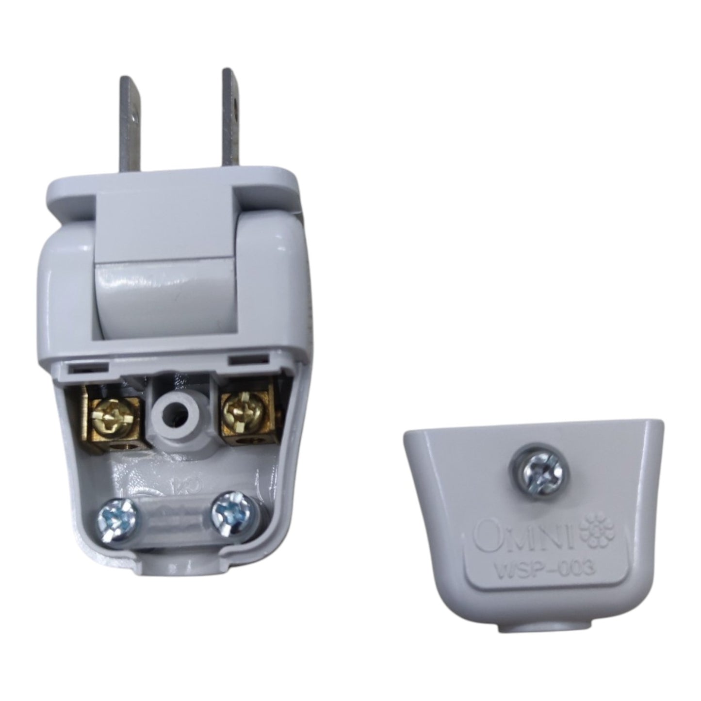 A light gray ONNI WSP-003 wall plug adapter with gold screw terminals and a matching gray protective cap, shown on a plain white background.
