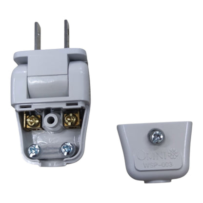 A light gray ONNI WSP-003 wall plug adapter with gold screw terminals and a matching gray protective cap, shown on a plain white background.