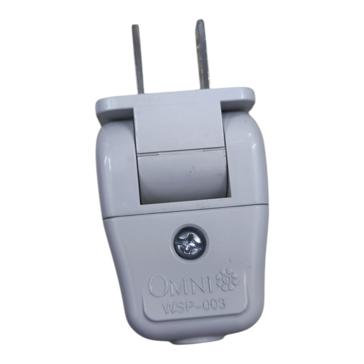 A gray plastic Omni WSP-003 travel plug adapter with two metal prongs, shown on a plain white background.