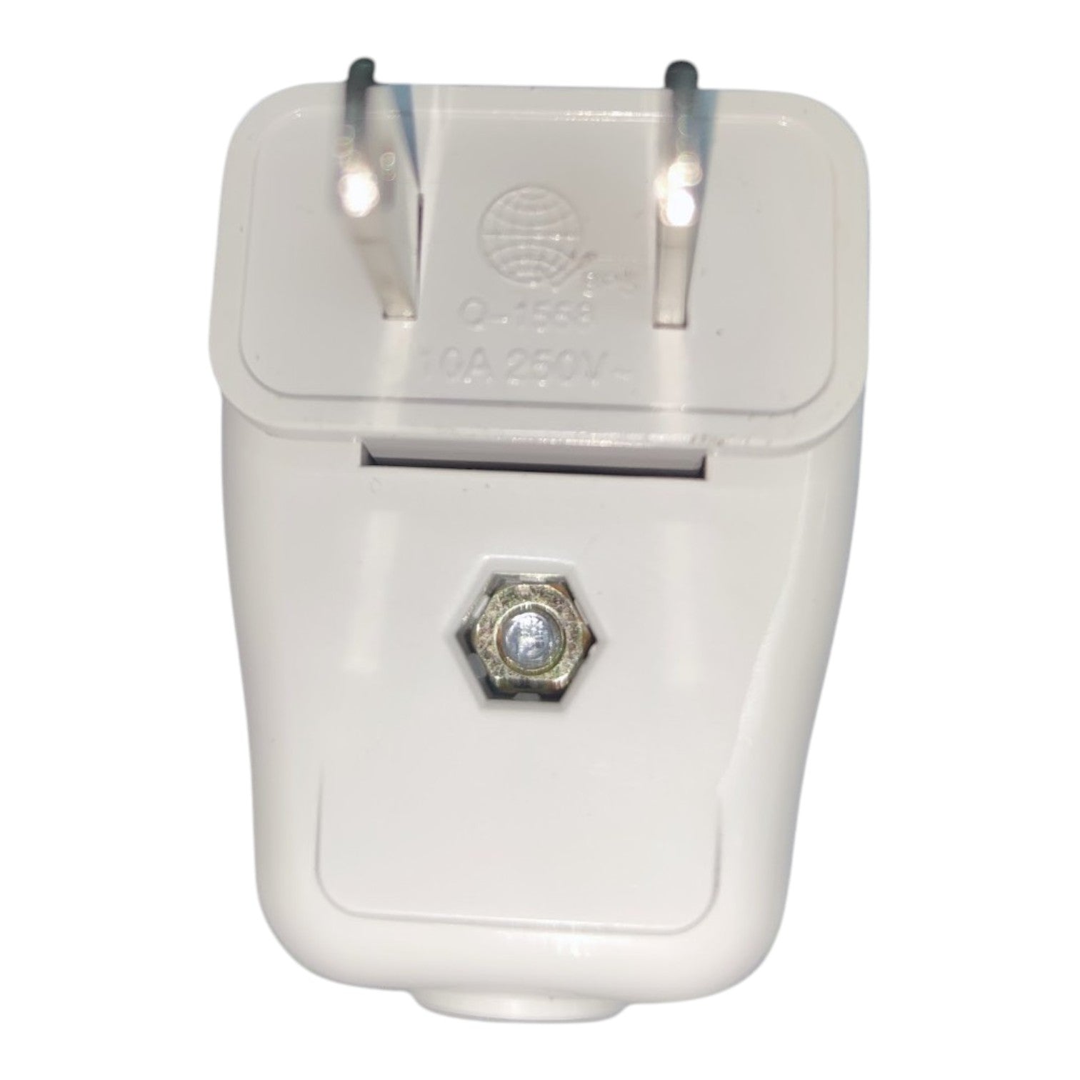 A white plastic wall plug adapter with two metal pins and a hexagonal silver screw terminal on the front, shown against a plain white background.