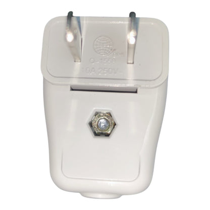 A white plastic wall plug adapter with two metal pins and a hexagonal silver screw terminal on the front, shown against a plain white background.