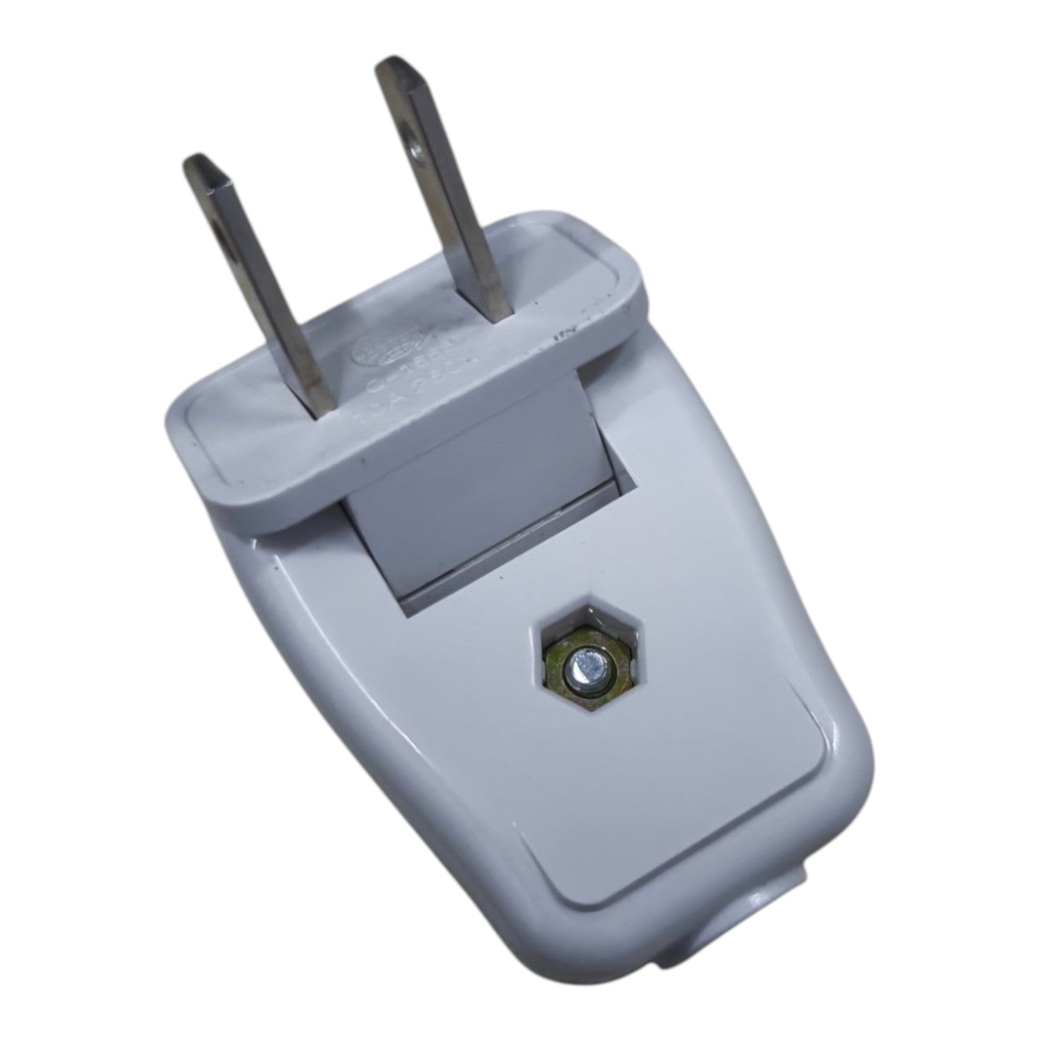 A light gray plastic dual-prong electrical wall plug adapter with a small hexagonal green accent on the front, shown on a plain white background.