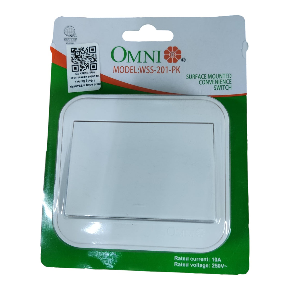 OMNI brand surface-mounted convenience switch in its original retail blister packaging, featuring a white rectangular switch face inside a clear plastic window over a green and white backing card.