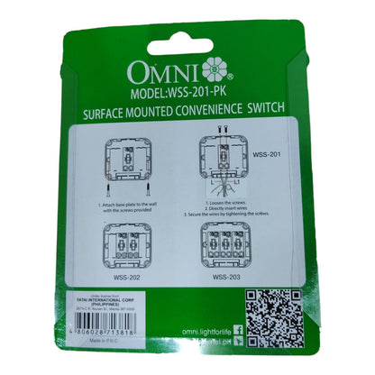 OMNI WSS-201-PK surface mounted convenience switch in its original green retail packaging, featuring product diagrams and technical specifications.