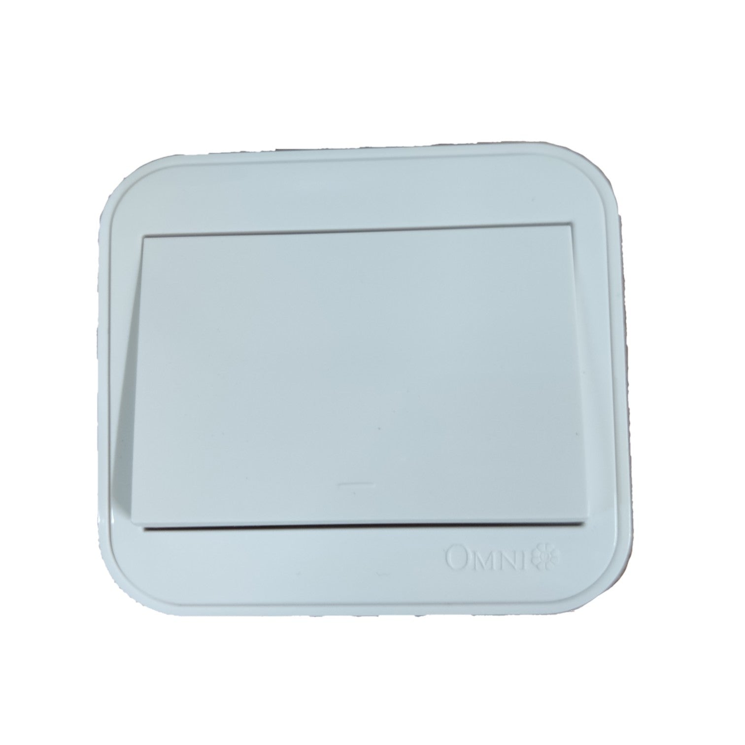 A white Omni6 flush-mount light switch plate with a recessed rectangular center, shown against a plain white background.