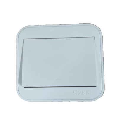 A white Omni6 flush-mount light switch plate with a recessed rectangular center, shown against a plain white background.