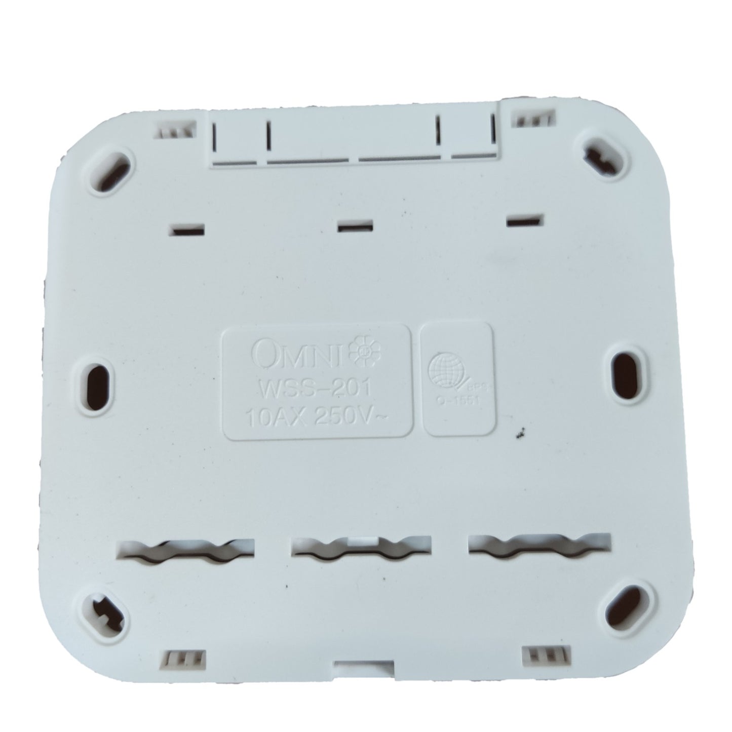 White plastic backplate of an Omnilife WSS-201 10A 250V AC power adapter, showing molded terminal slots and embossed specifications.