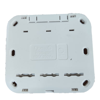 White plastic backplate of an Omnilife WSS-201 10A 250V AC power adapter, showing molded terminal slots and embossed specifications.