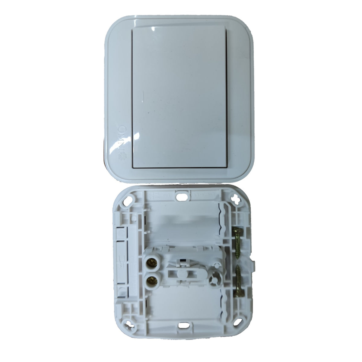 A white plastic light switch plate shown in two pieces, with the top cover plate positioned above the exposed backplate assembly on a plain white background.