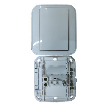 A white plastic light switch plate shown in two pieces, with the top cover plate positioned above the exposed backplate assembly on a plain white background.