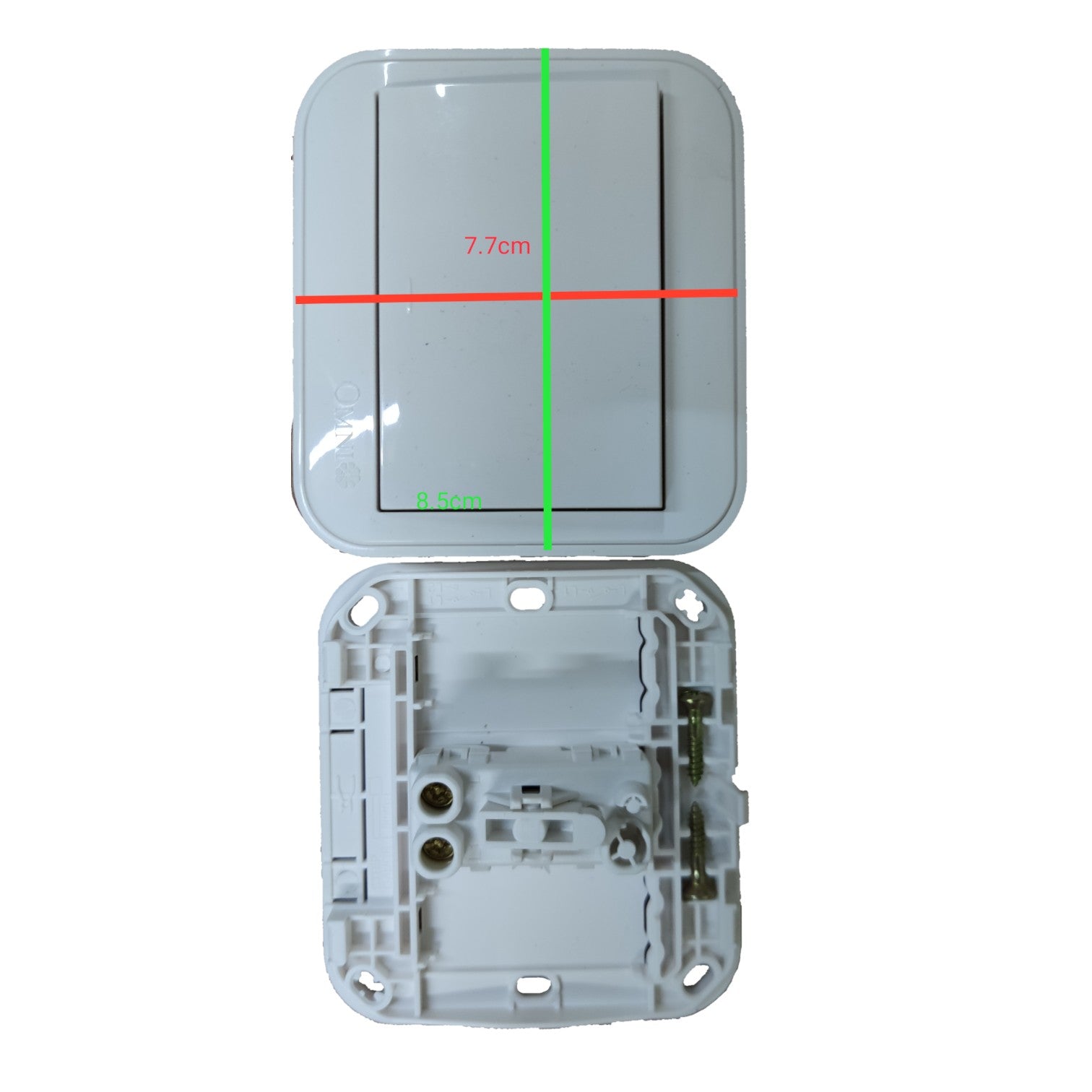 A two-piece light switch plate set shown from the front and back on a white background, with red, green, and blue dimension lines indicating measurements of 7.7cm, 9.