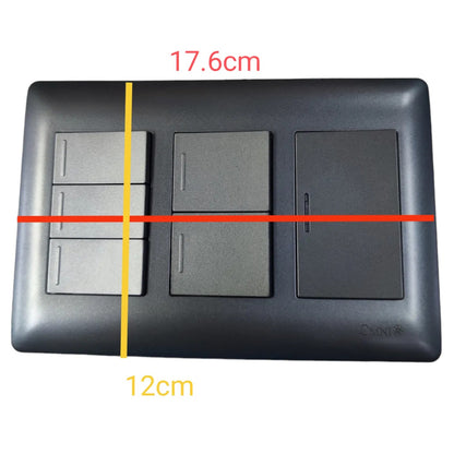 A black three-gang wall switch plate with dimension annotations showing a height of 17.6cm and a width of 12cm on a white background.