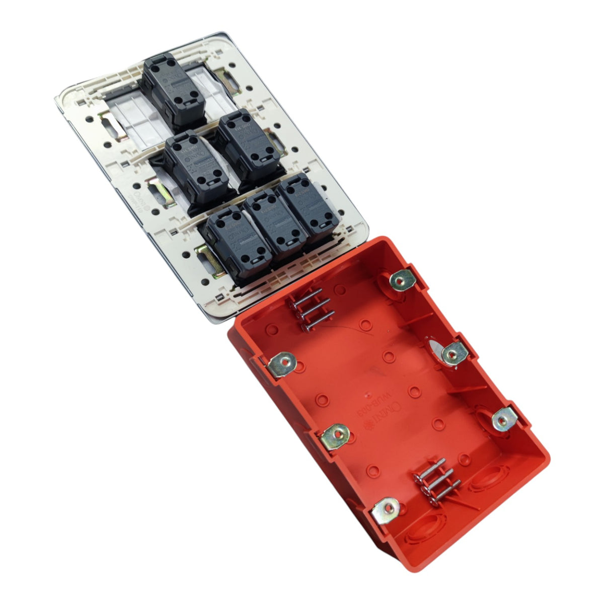 An electrical junction box cover and backplate assembly, featuring a red plastic enclosure base and a silver metal backplate with four black contact terminals, shown on a white background.