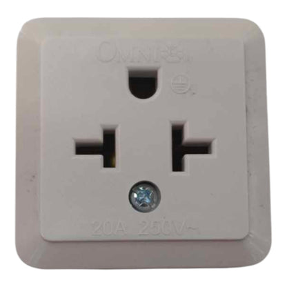 An Omni 20A 250V AC three-pin wall outlet socket, shown against a plain white background.