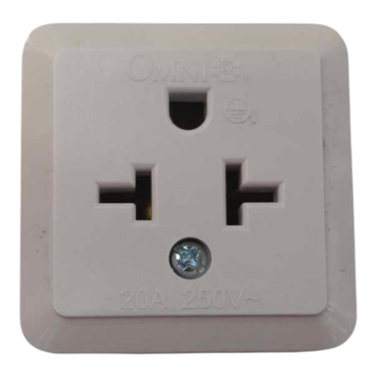 An Omni 20A 250V AC three-pin wall outlet socket, shown against a plain white background.