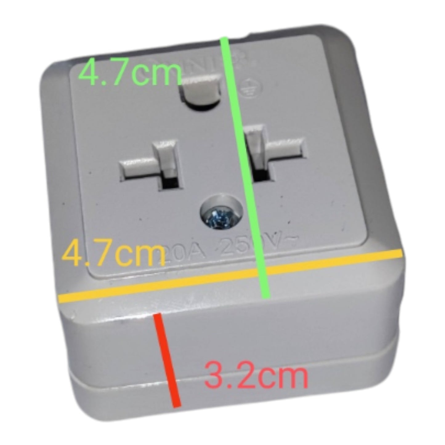 A gray three-prong wall outlet plug shown on a white background with overlaid dimension lines and text indicating 4.7 cm width, 4.
