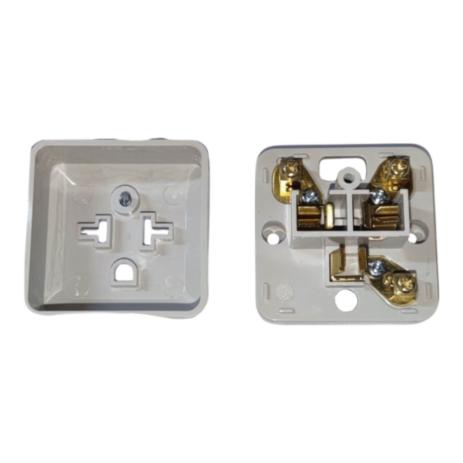 A pair of white double socket wall switch plates shown from both the front and back views against a plain white background.