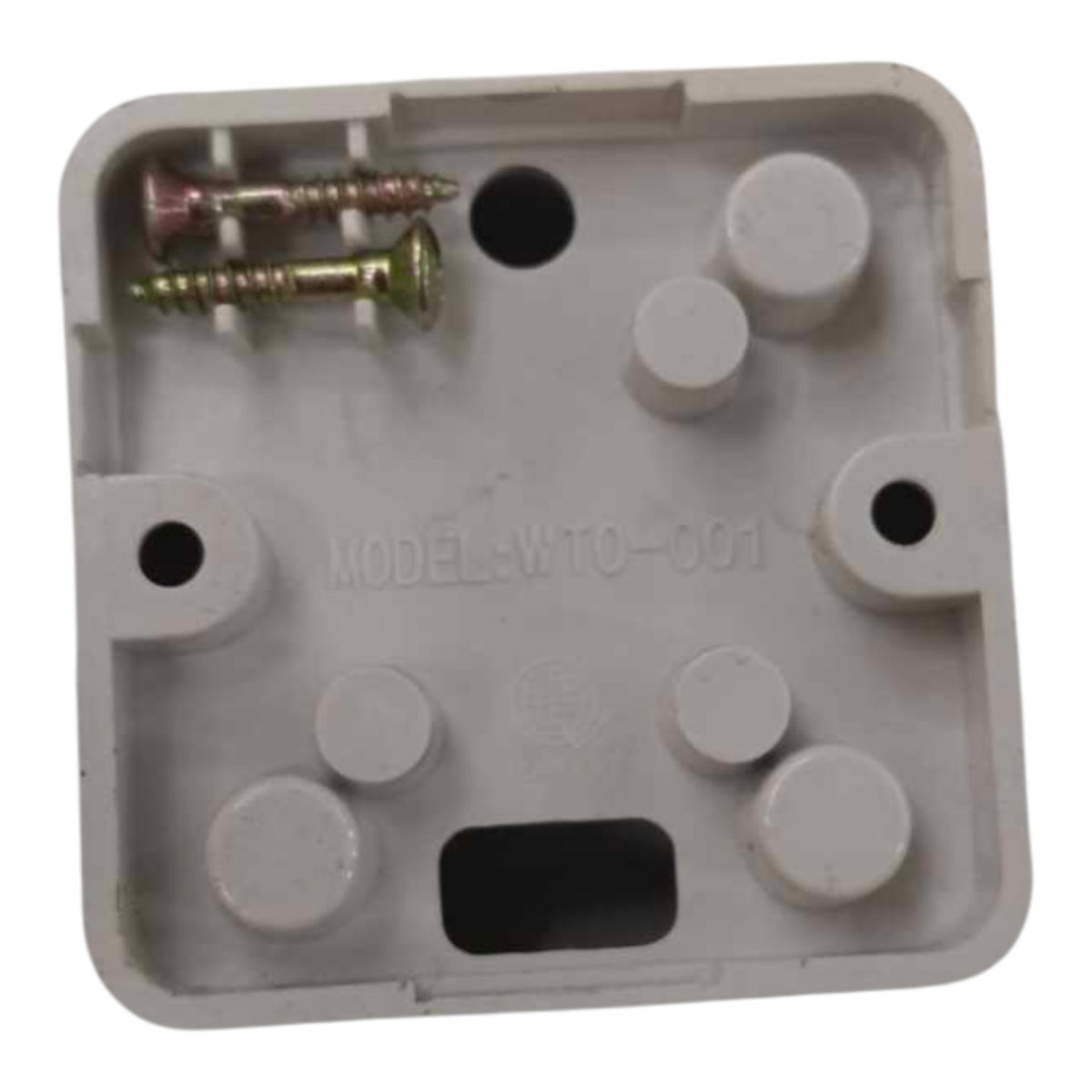 A light gray plastic electrical junction box backplate with mounting holes, screw terminals, and two included screws, shown on a plain white background.
