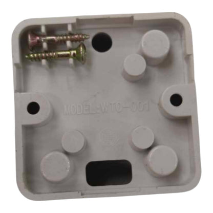 A light gray plastic electrical junction box backplate with mounting holes, screw terminals, and two included screws, shown on a plain white background.