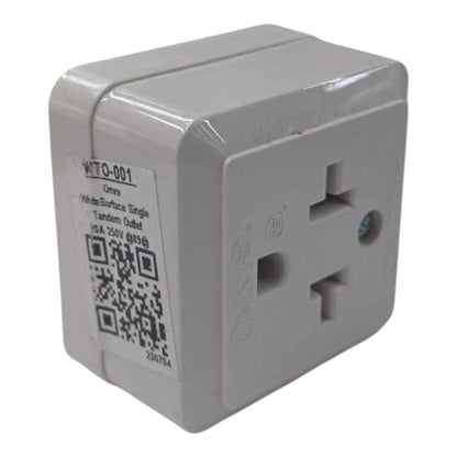 A white plastic twin-deckled single tandem outlet travel adapter with a product label on the side, shown against a plain white background.