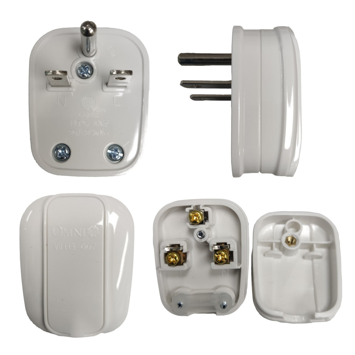 White Omnilife UK 3-pin plug adapter shown from multiple angles on a white background, including front, side, back, and internal terminal views.