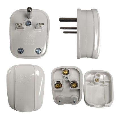 White Omnilife UK 3-pin plug adapter shown from multiple angles on a white background, including front, side, back, and internal terminal views.