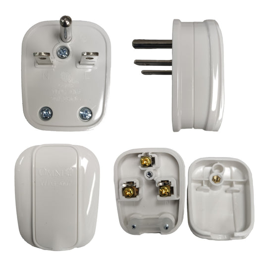 White Omnilife UK 3-pin plug adapter shown from multiple angles on a white background, including front, side, back, and internal terminal views.