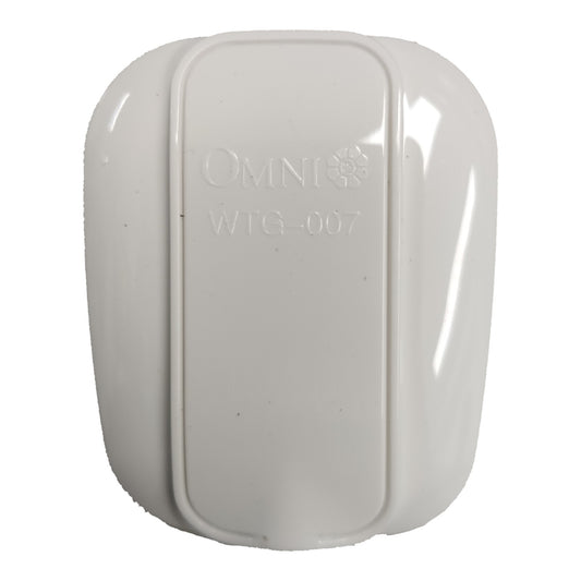 A white plastic electronic device with a glossy finish, featuring embossed branding that reads 'OMNI' with a flower logo and 'WTG-007' below it, set against a plain white background.