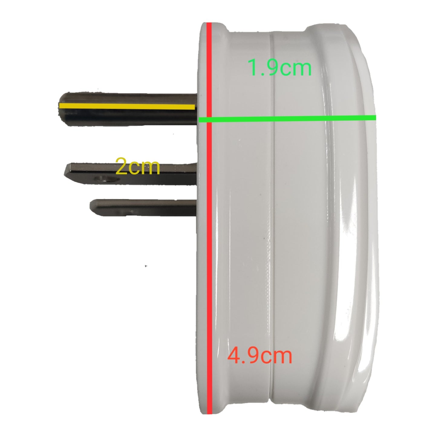 A white cylindrical plug or adapter component shown on a white background with overlaid dimension labels: 1.9 cm width, 2 cm for the prongs, and 4.