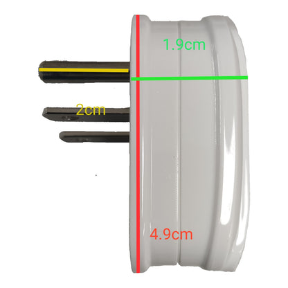A white cylindrical plug or adapter component shown on a white background with overlaid dimension labels: 1.9 cm width, 2 cm for the prongs, and 4.